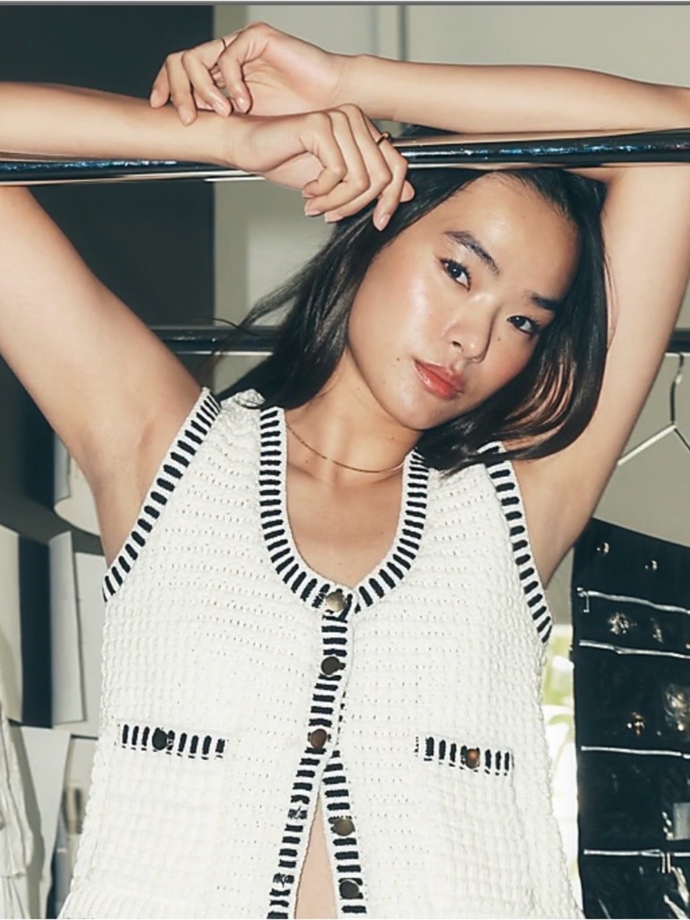LOFT White Crochet Tank with Black Trim